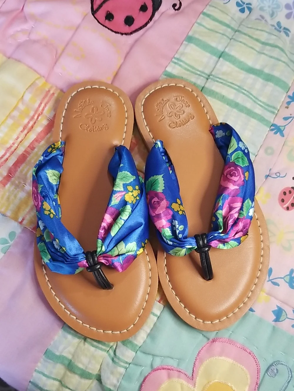 Matilda Jane Blue Floral Scarf Sandals with Tan Footbed Size 11